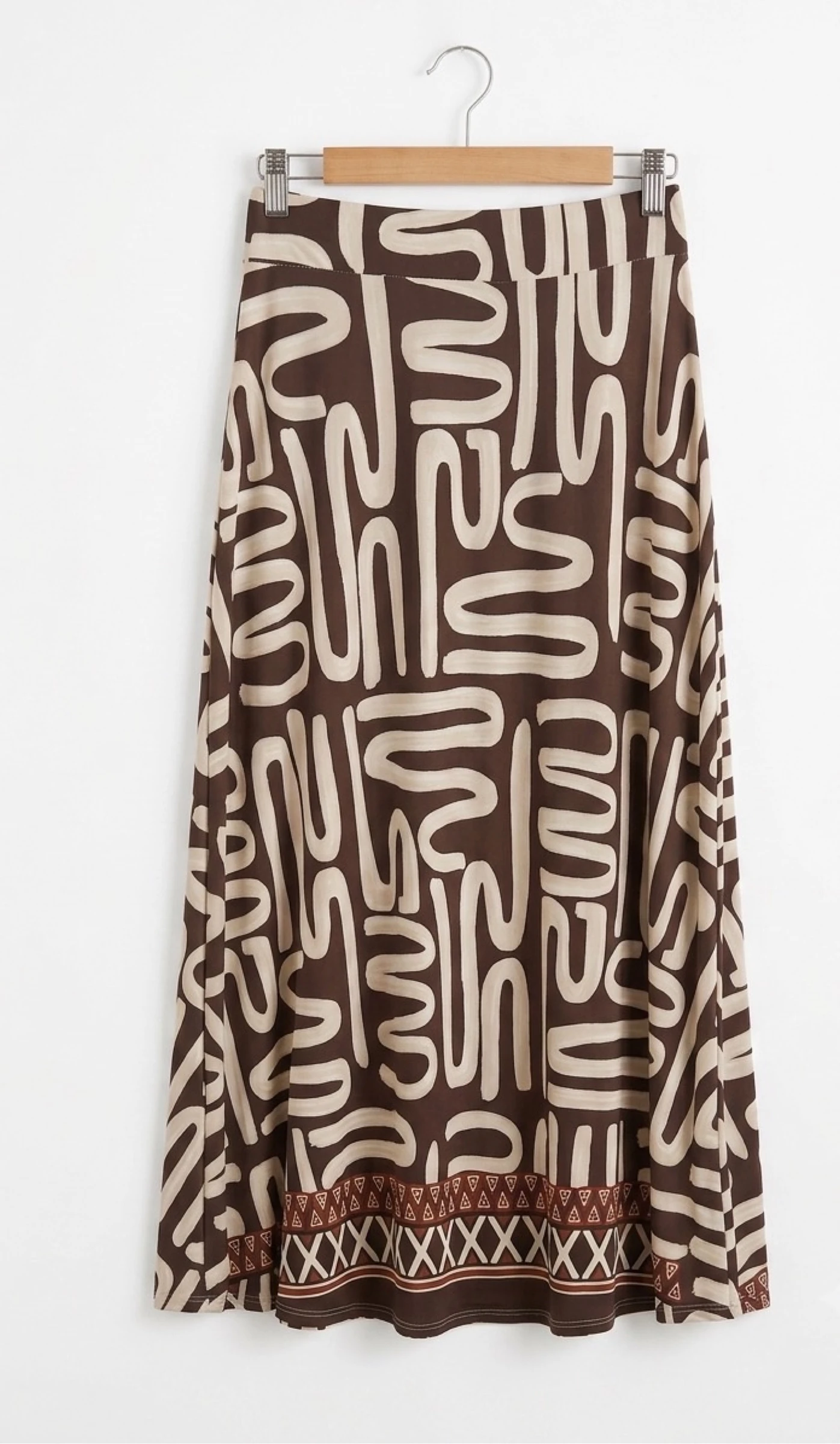Falda Larga Boho Estampado Étnico Marrón / Maxi Falda Elástica Talla M